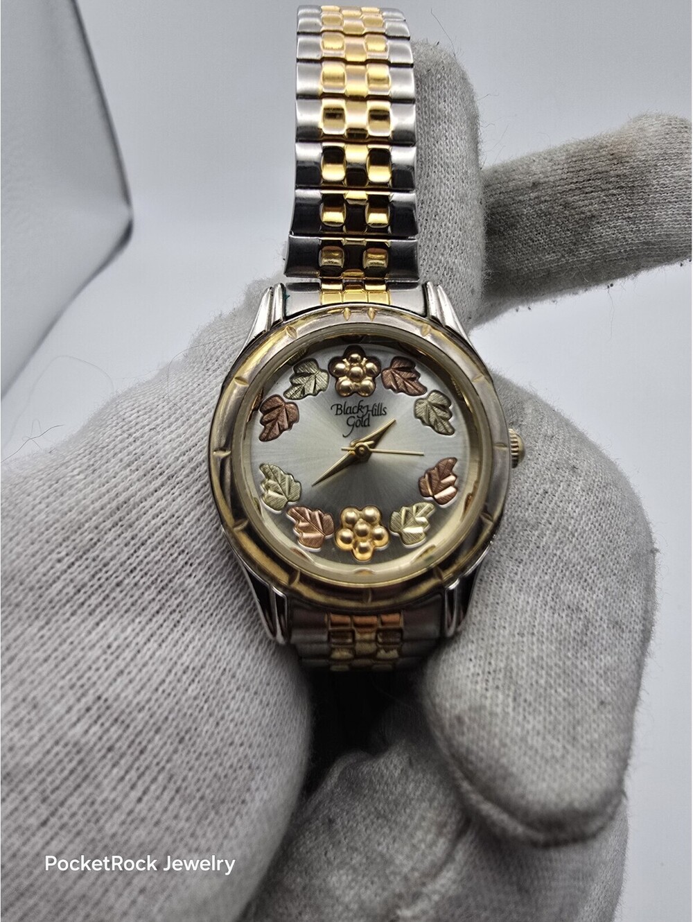 Black Hills Gold Womens Quartz Watch Tri Color Leaf Grape Dial Two Tone Bracelet
